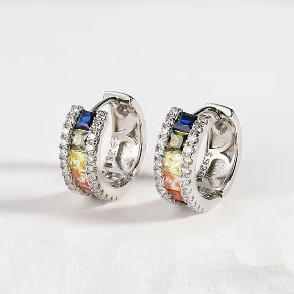 925 Sterling Small Huggie Earrings with Multi-Colored Stones and Bling #641 - Picture 4 of 7